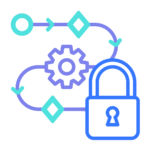 Flowchart with a gear and padlock, symbolizing security automation in cloud environments. Represents enforcing security policies through automation to reduce human error and enhance protection.